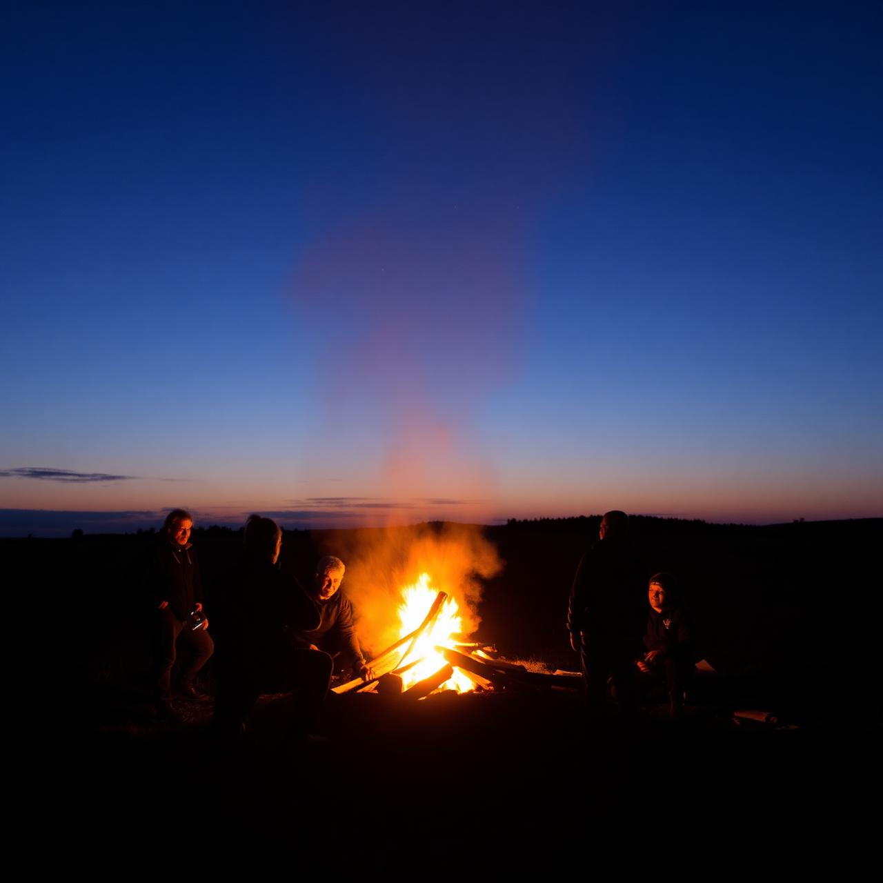 People gathered around a bonfire at dusk