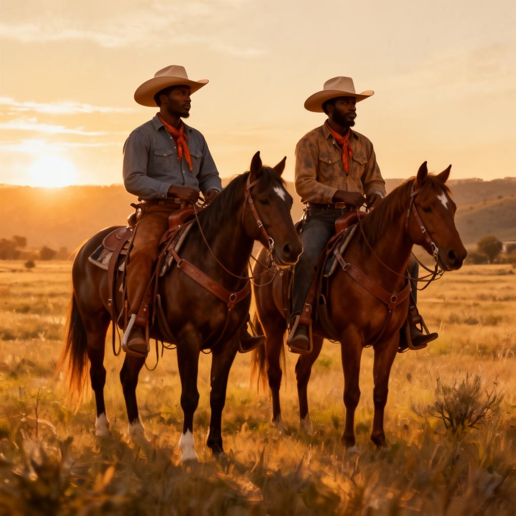 Two Black cowboys on horseback in a sunlit pasture at golden hour