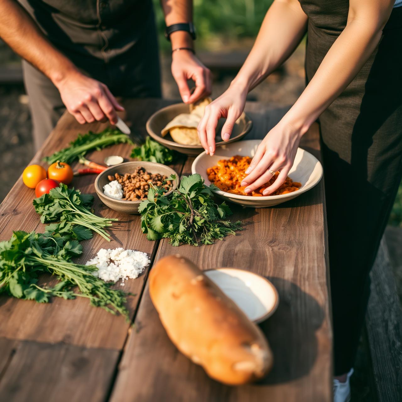 Farm-to-table cooking on a rustic wooden table with fresh herbs and bread