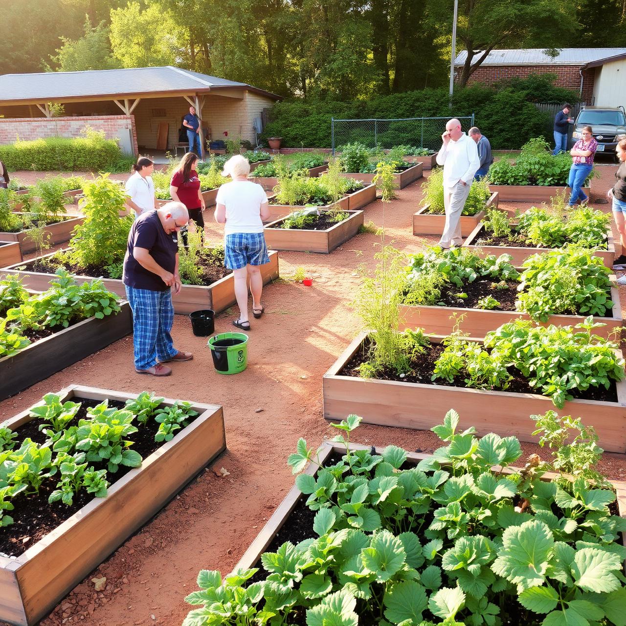 Community garden with raised beds and people tending vegetables