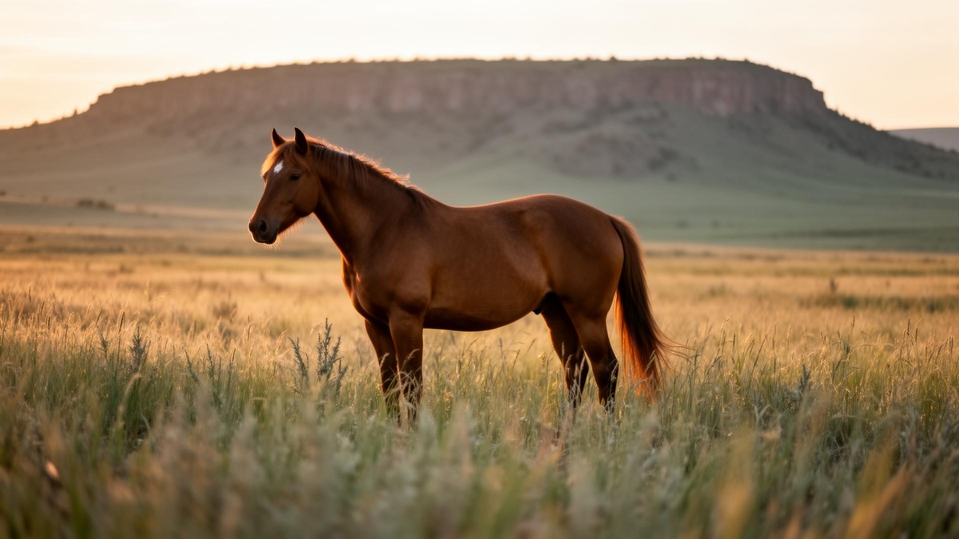 Horse standing in tall prairie grass at golden hour
